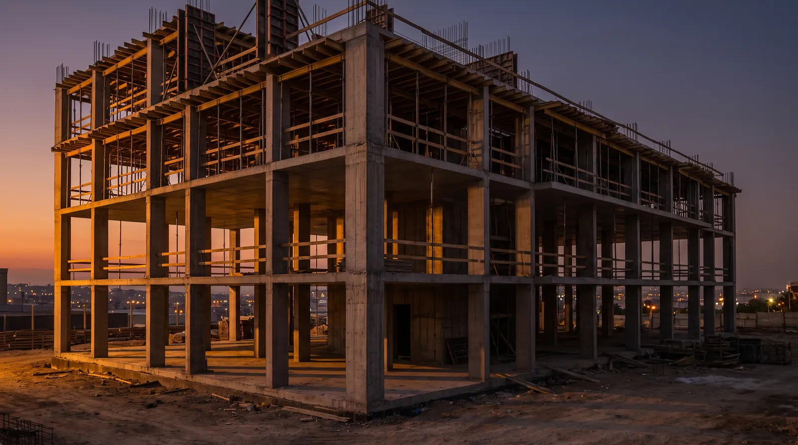Estrutura de concreto armado de edifício em construção ao entardecer