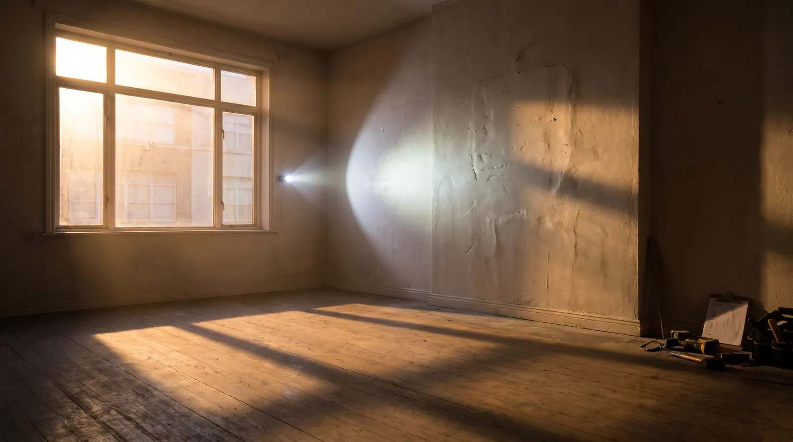 Interior de apartamento com luz de fim de tarde durante inspeção