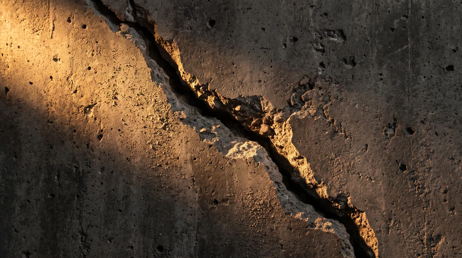 Fissura diagonal em parede de concreto sob luz rasante