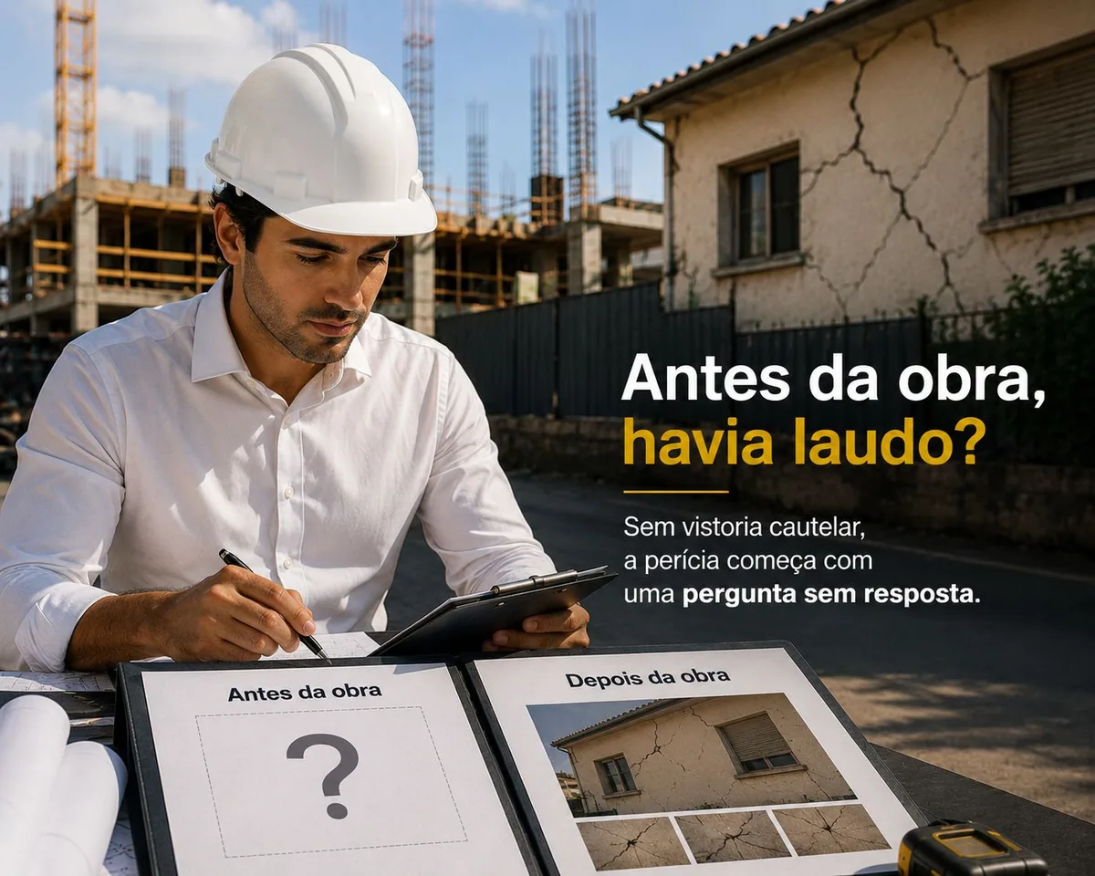 Antes da obra, havia laudo? Engenheiro com prancheta diante de obra e casa com fissuras