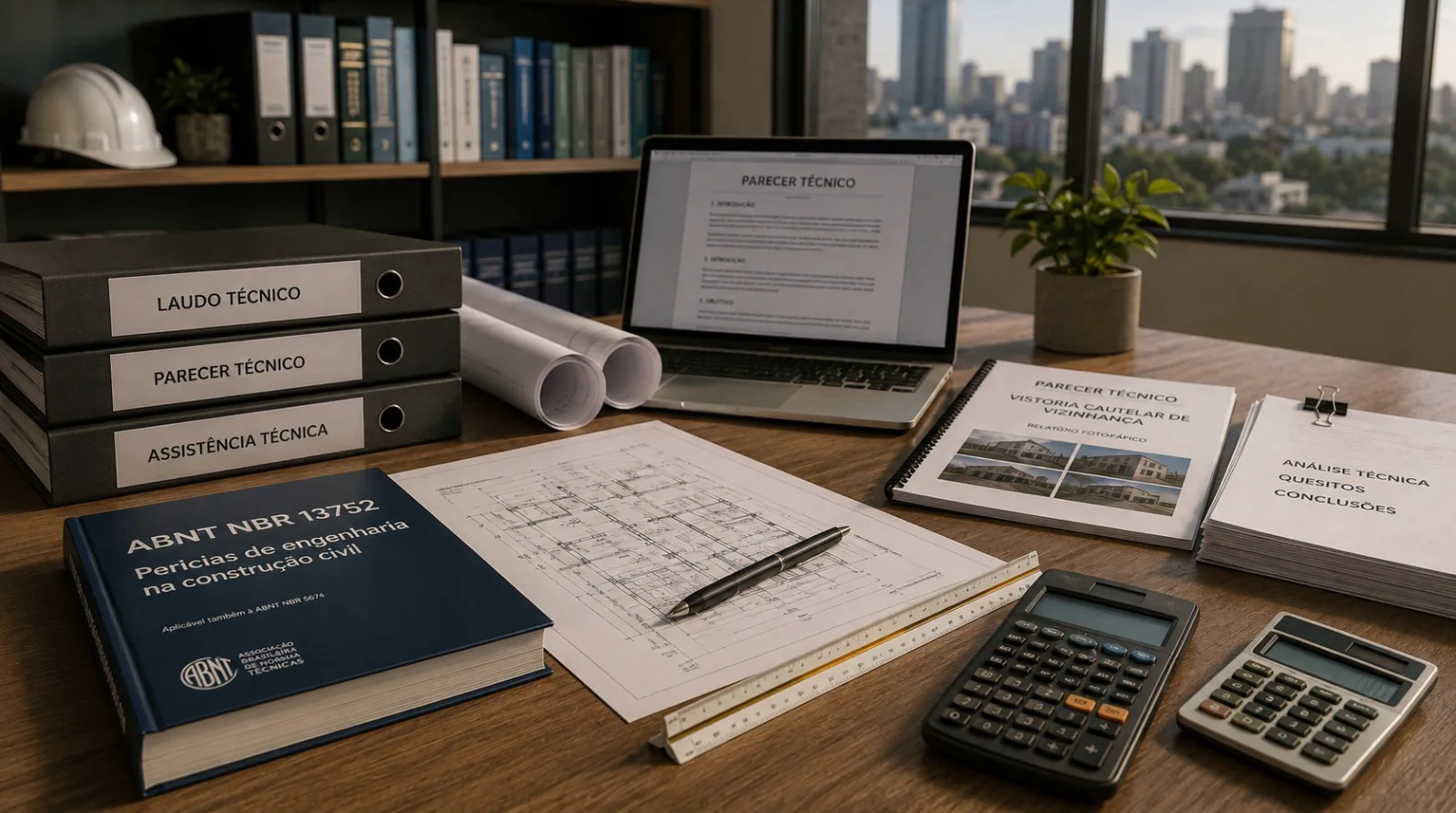 Mesa com laudos técnicos, pareceres, normas e plantas de engenharia