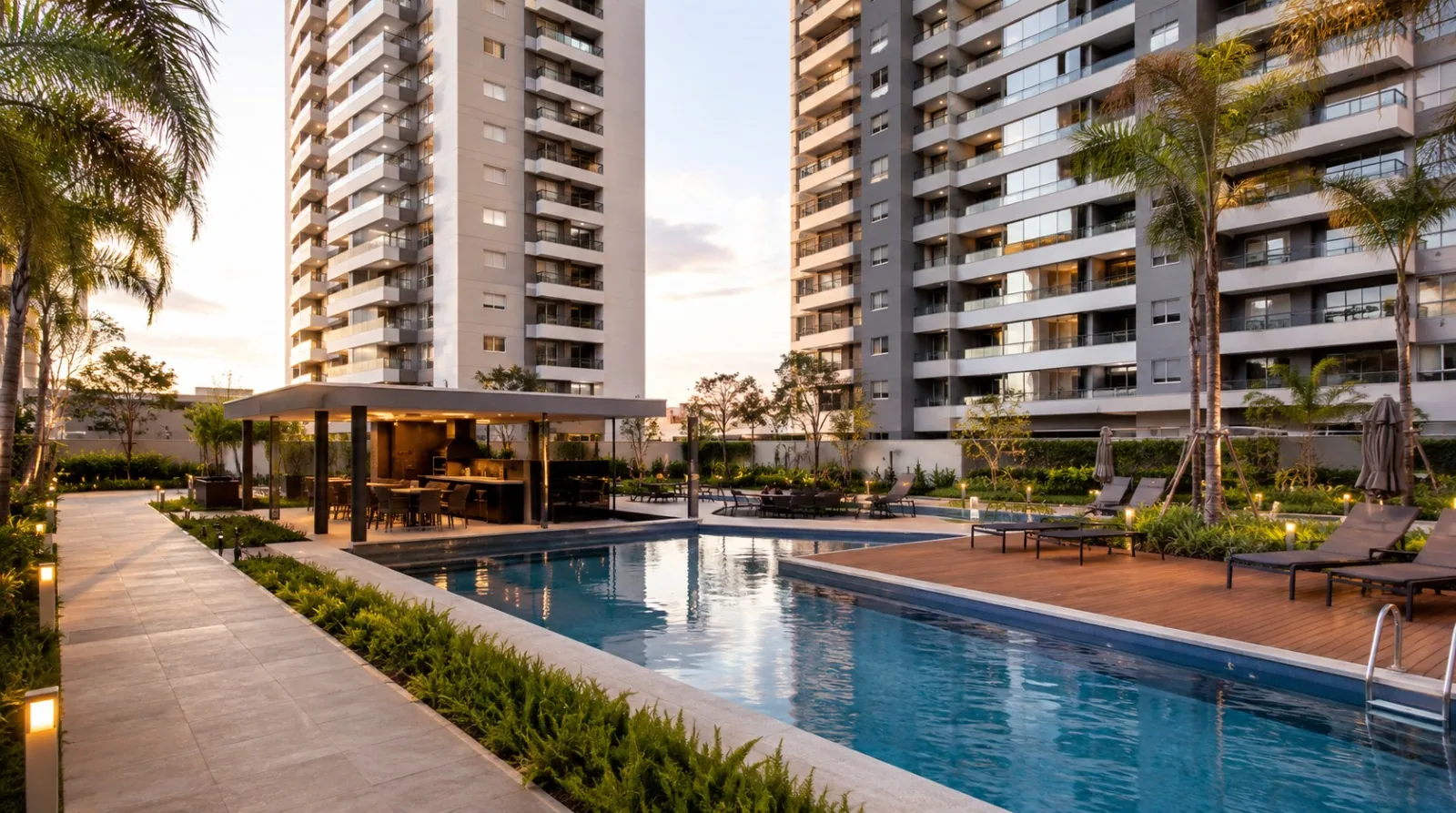Área comum de condomínio com piscina e torres residenciais